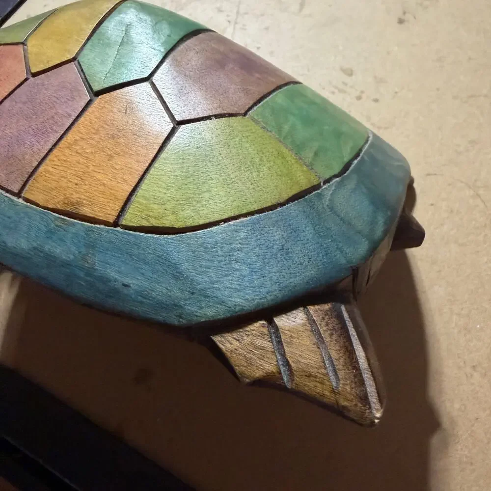 Hand Carved Wood Turtle Figurine Colorful Mosaic Shell Sculpture Folk Art Decor